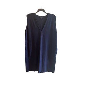 Eileen Fisher V-Neck Shift Navy Blue Sleeveless Dress sz XL Pockets